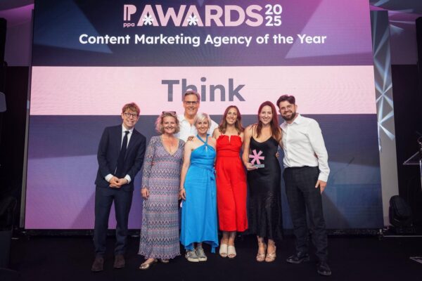 Think team on stage after winning Content Marketing Agency of the Year at the PPA Awards