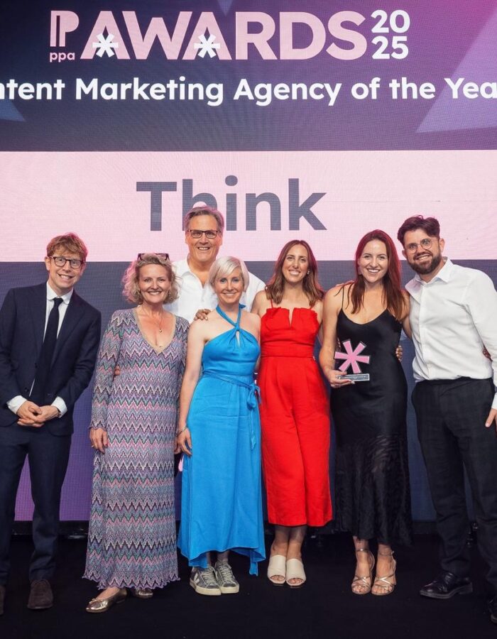 Think team on stage after winning Content Marketing Agency of the Year at the PPA Awards