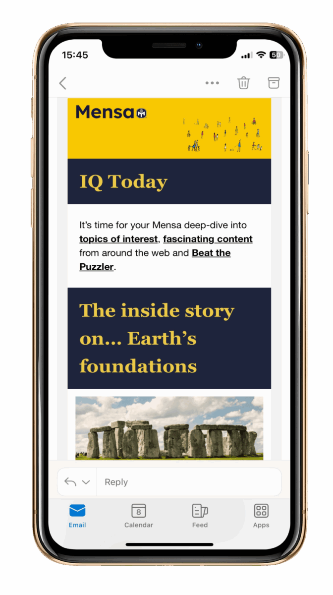 iPhone screen showing IQ Today 26 June newsletter