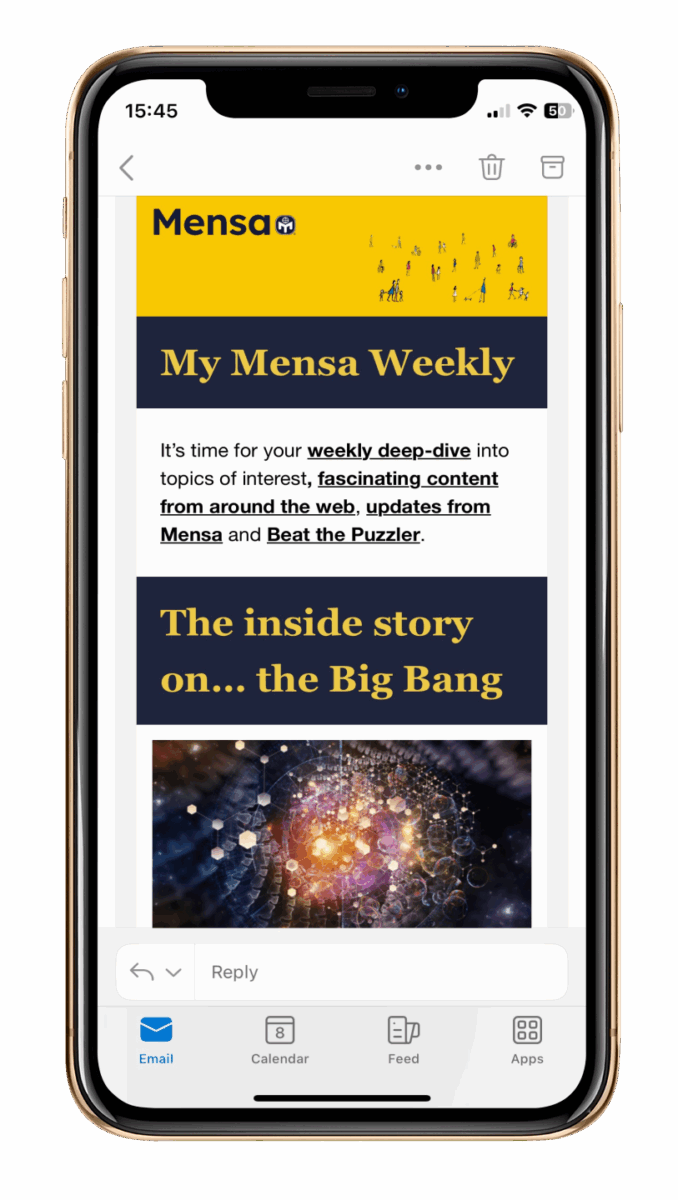 iPhone screen showing MyMensa Weekly 19 July newsletter