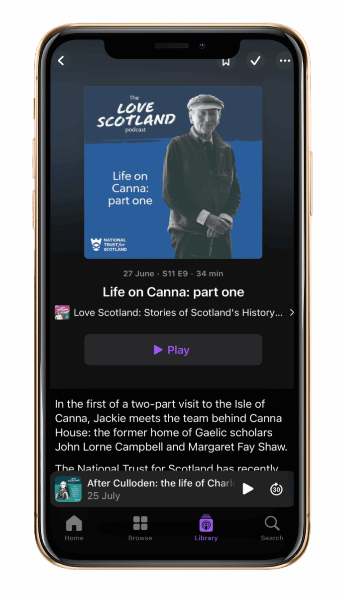 iPhone screen of NTS "The love Scotland" podcast, Life on Canna: part one