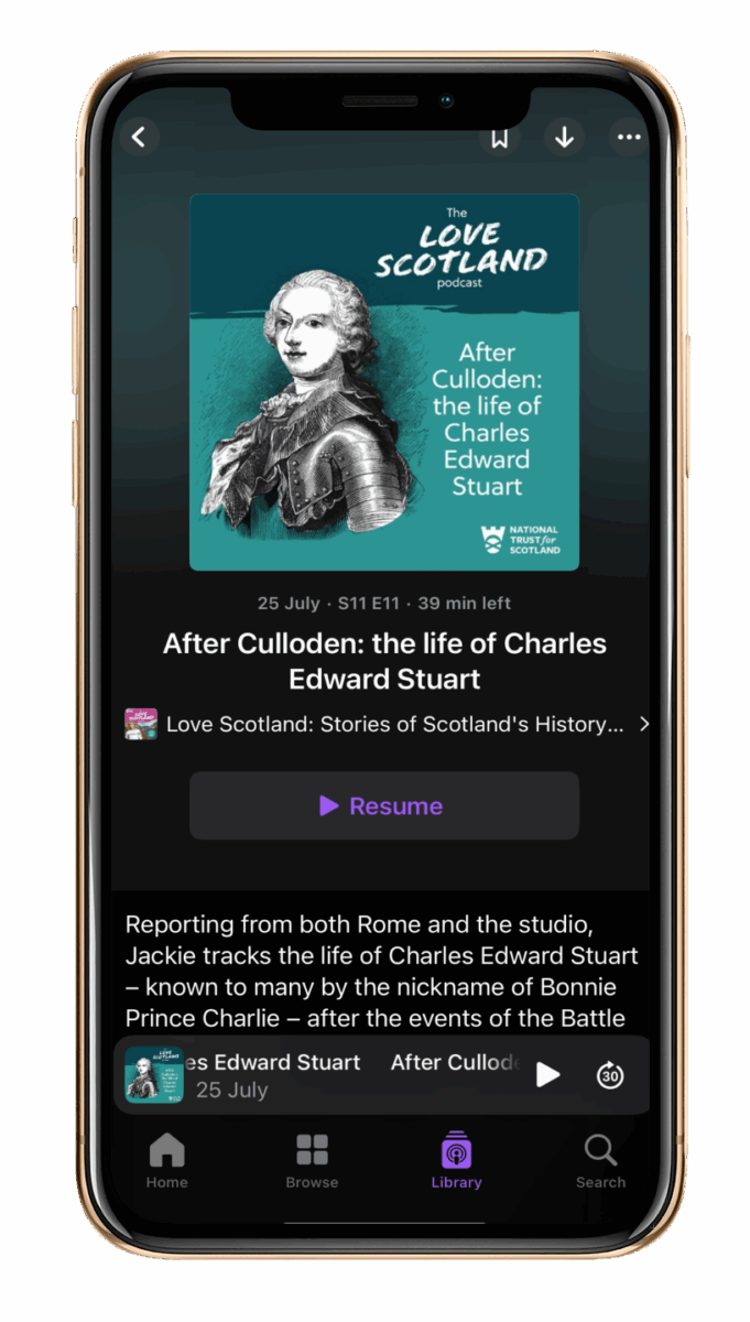 iPhone screen of NTS "The love Scotland" podcast, After Culloden: the life of Charles Edward Stuart