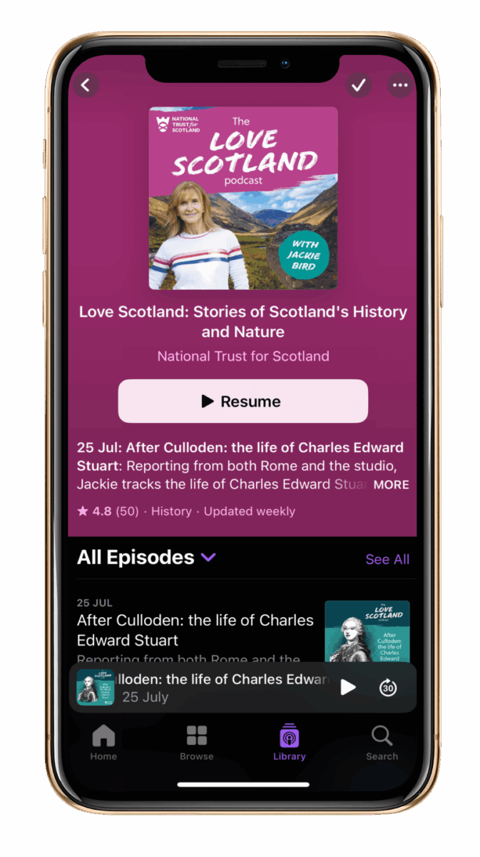 iPhone screen of NTS "The love Scotland" podcast, Stories of Scotland's History and Nature